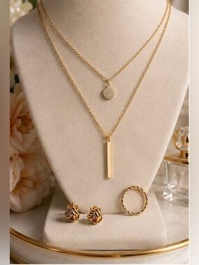 ✨Gold Finish Layered Necklace & Knot Studs (.925 Sterling) | Twisted Ring✨